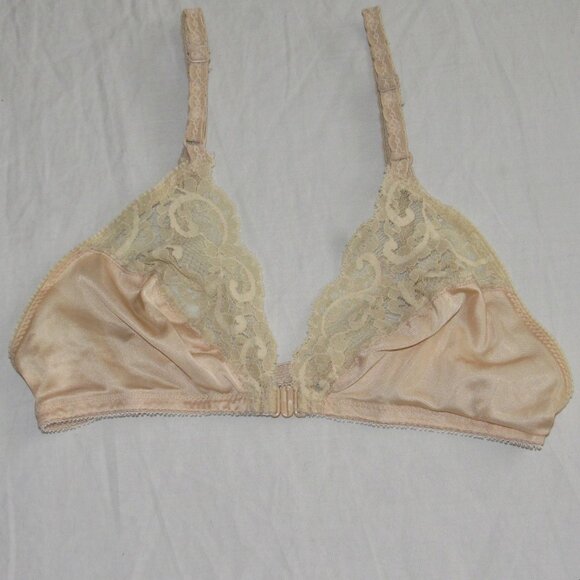 Vtg 80s Maidenform Sweet Nothings Front Close Shiny Beige Satin & Lace Bra 32 - Picture 1 of 3